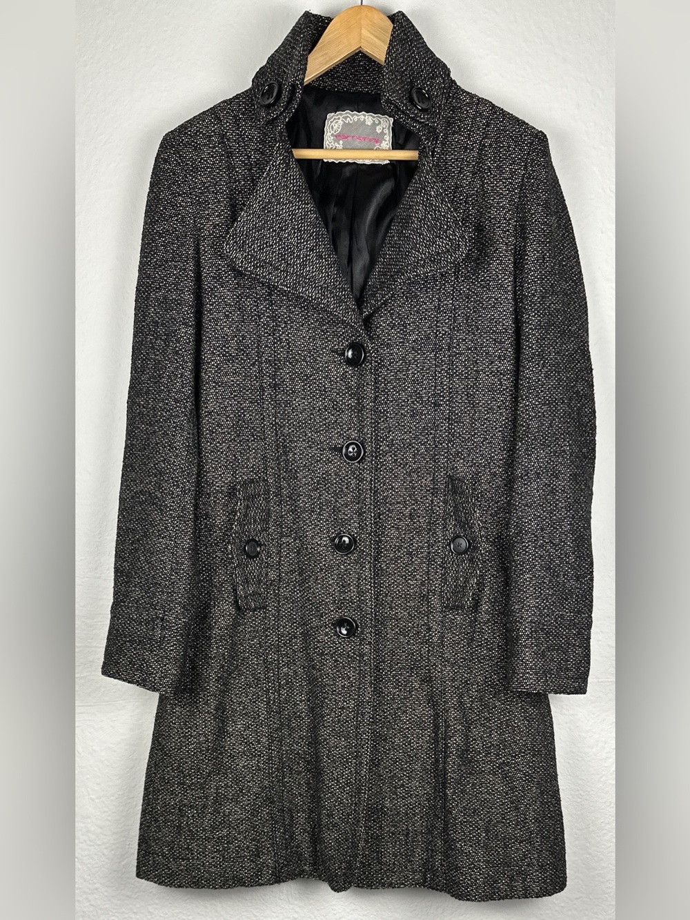 Fornarina Wool Blend Tweed Coat Womens L Funnel Neck Fit Flare Belted 90’s